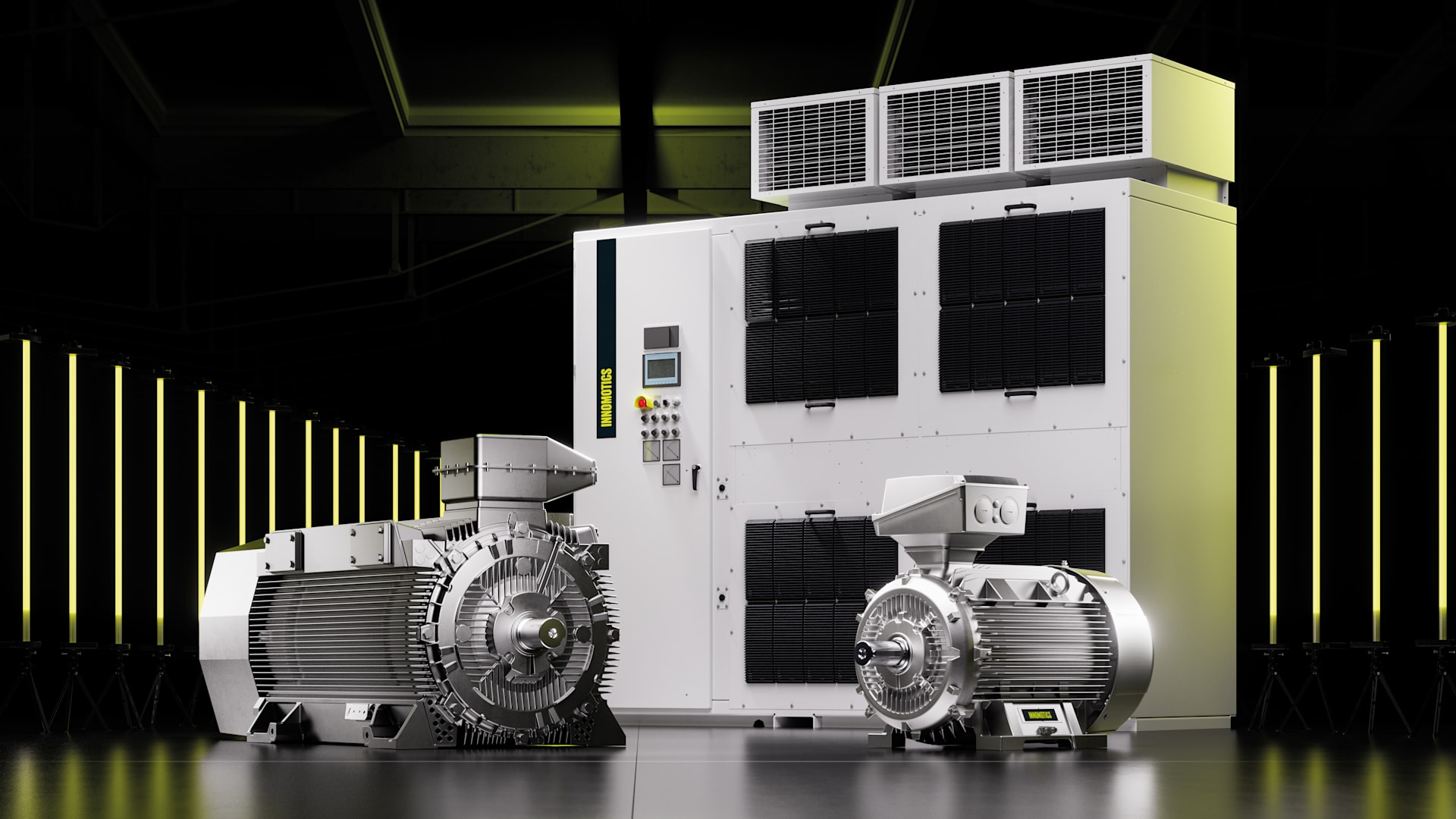 Industrielle Elektromotoren und Frequenzumrichter von Innomotics in moderner Industrieumgebung Industrielle Elektromotoren und Frequenzumrichter von Innomotics in moderner Industrieumgebung