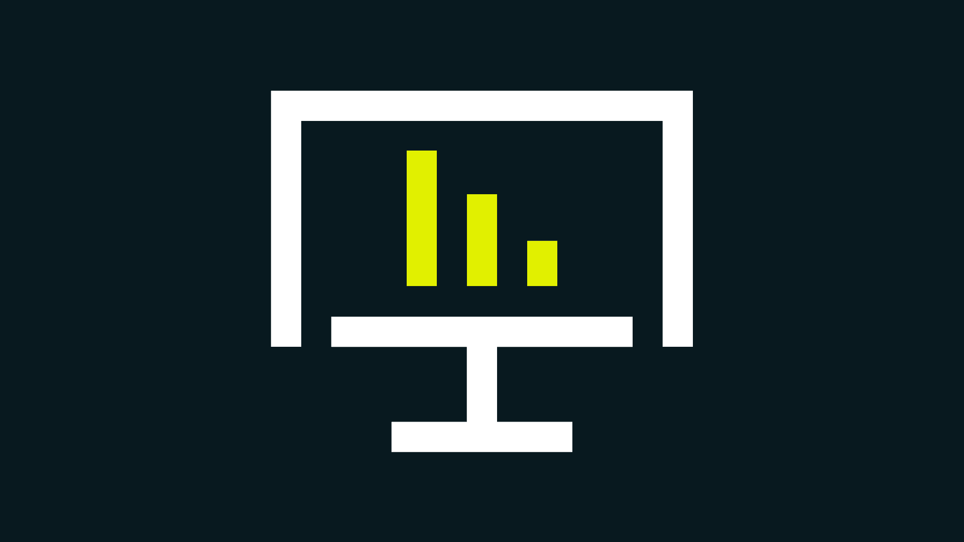 A white and yellow icon on a dark grey background of a monitor with a diagram on screen.