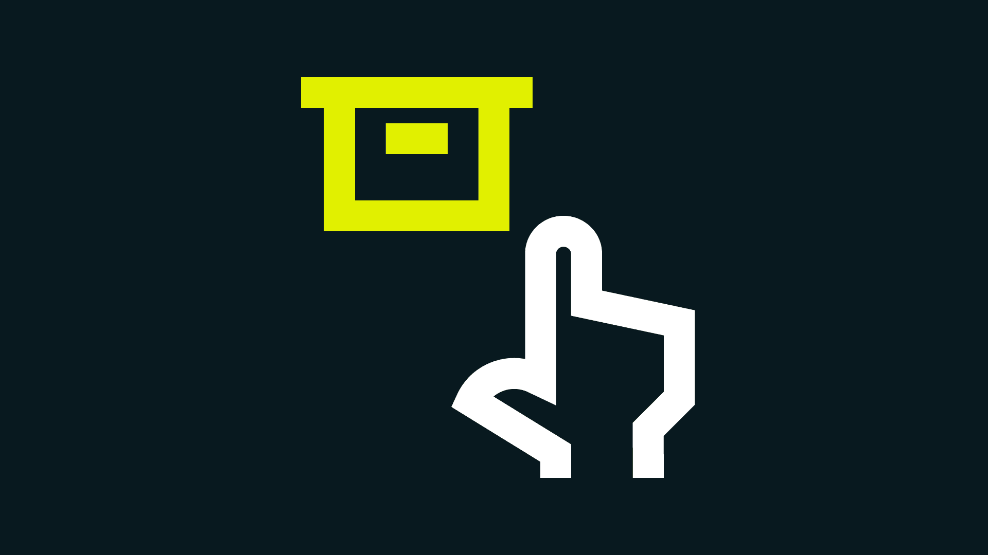 A white and yellow icon on a dark grey background showing a hand pointing to a box.  