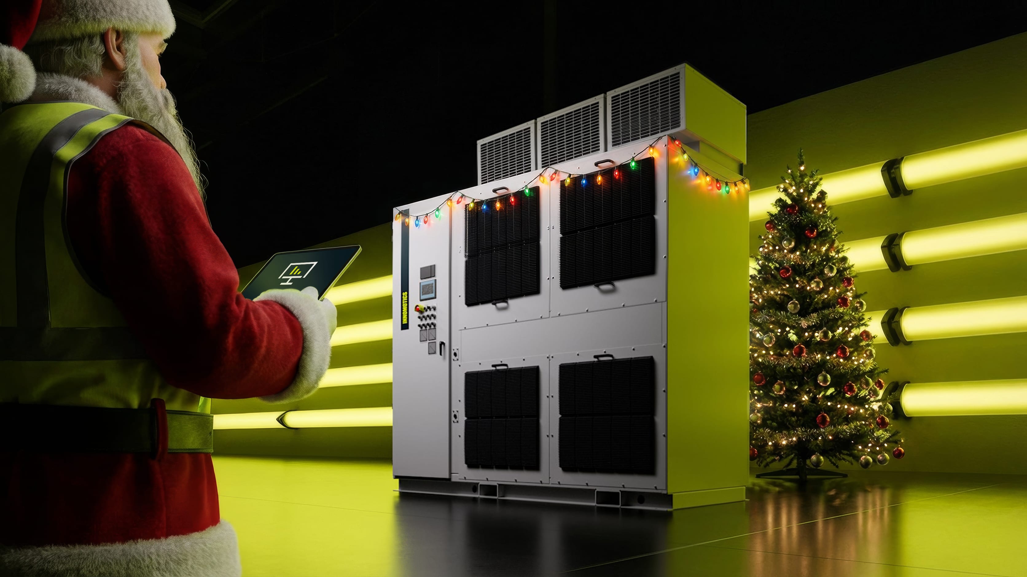 Person in Santa outfit and safety vest holds a tablet in a lime-lit industrial space with a decorated medium voltage drive and Christmas tree.