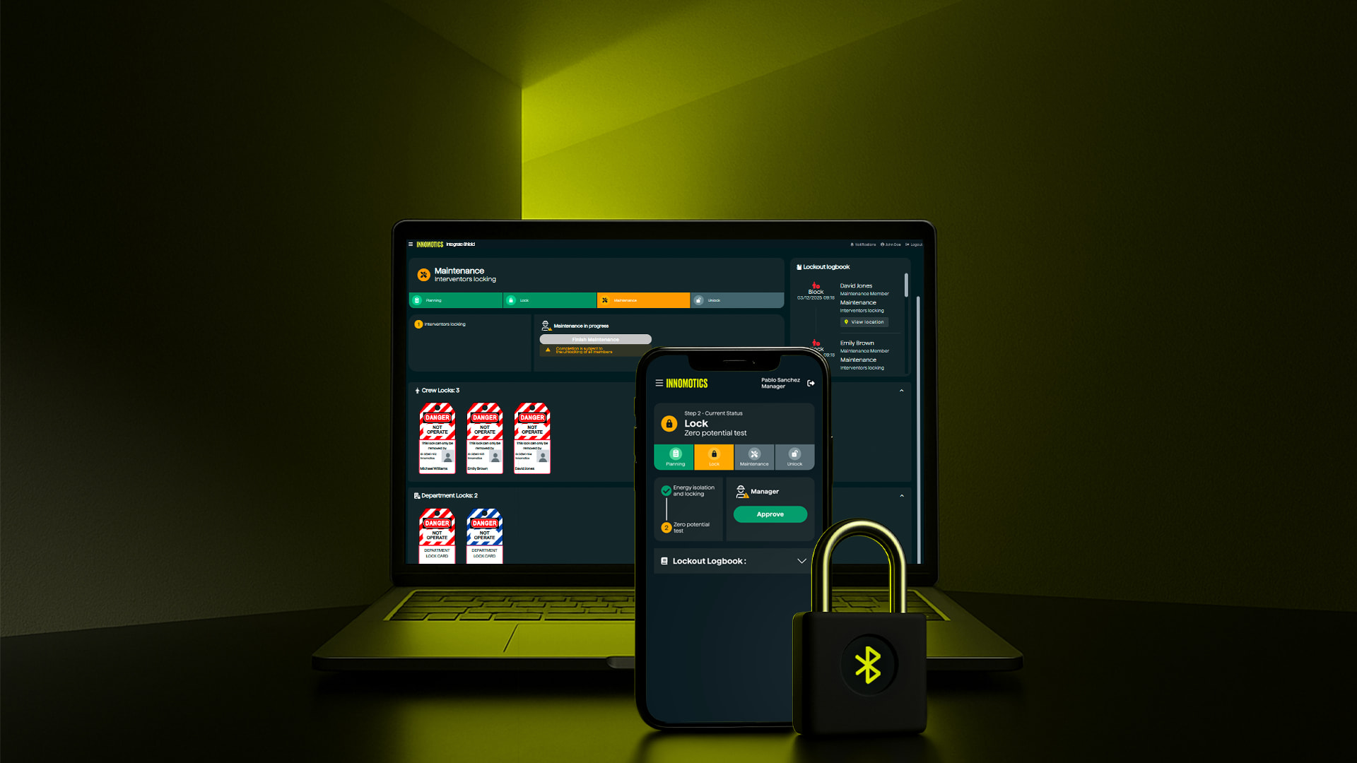 A picture showing the Integrate Shield components: The web version on a laptop screen, the mobile version on a smartphone and the smart padlocks.