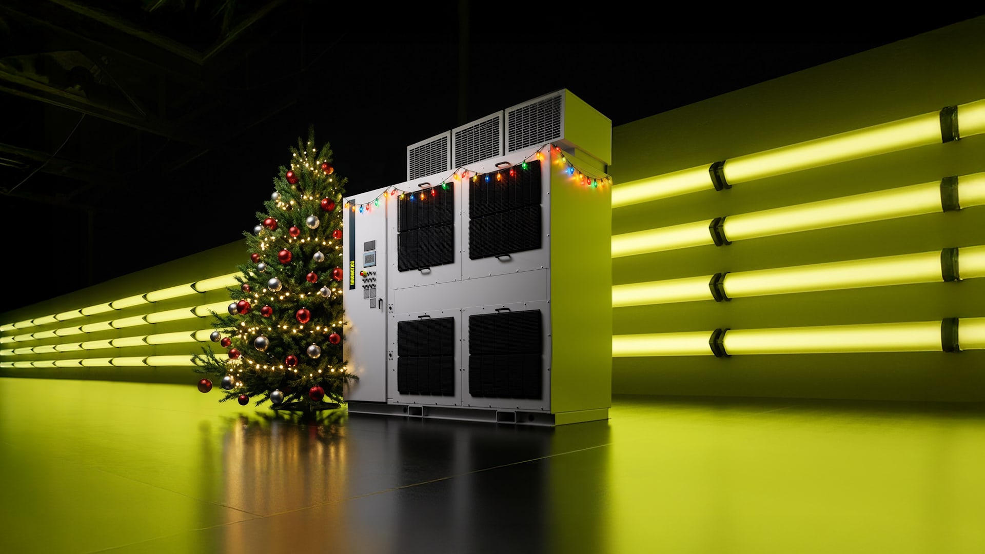 Christmas tree decorated with lights and ornaments next to a medium voltage drive in a lime-lit room with glowing wall tubes.