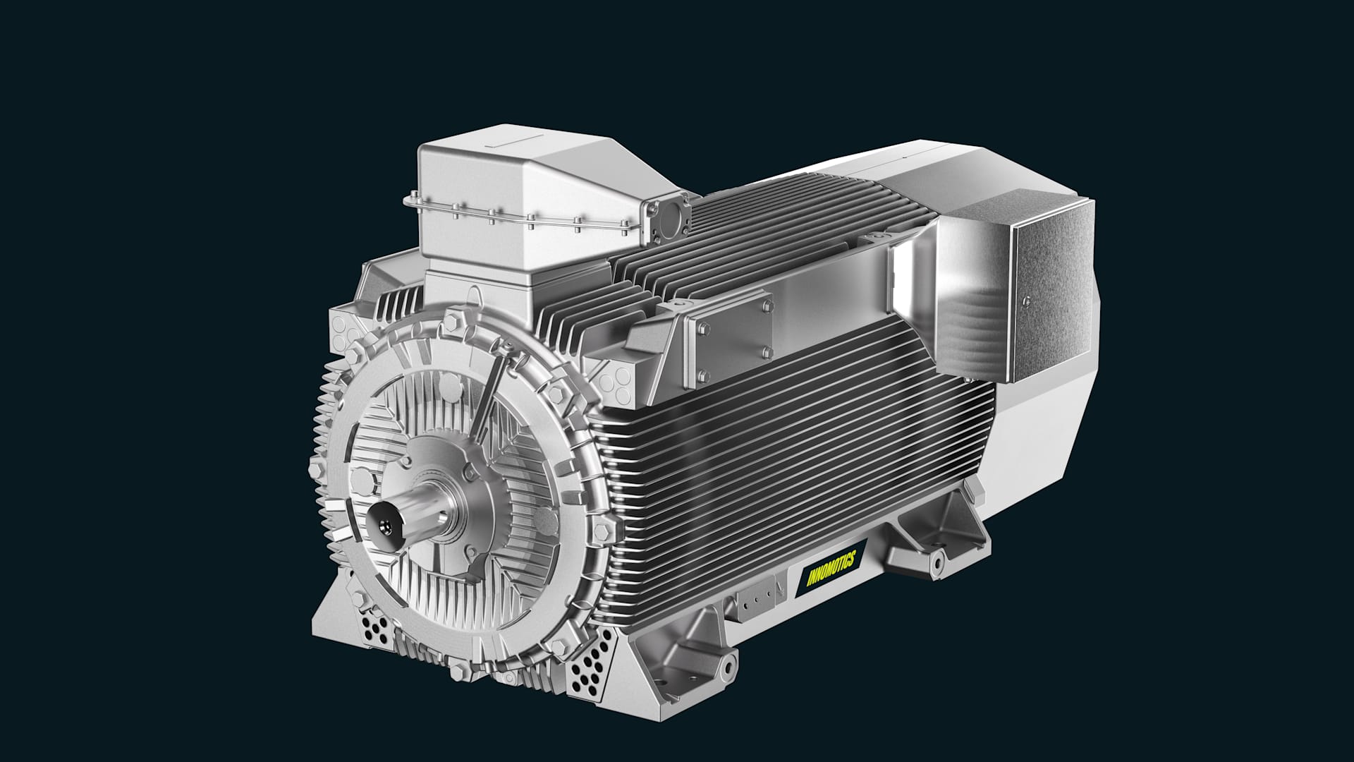 Air-cooled Innomotics HV motor with cooling fins, terminal box, and exposed shaft on a dark background. Air-cooled Innomotics HV motor with cooling fins, terminal box, and exposed shaft on a dark background.
