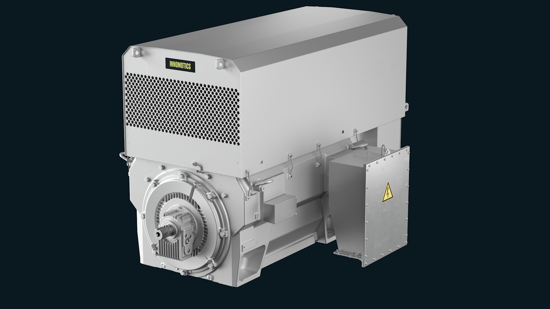 Large gray industrial motor with cooling vents and yellow high voltage warning sign on a dark background. Large gray industrial motor with cooling vents and yellow high voltage warning sign on a dark background.