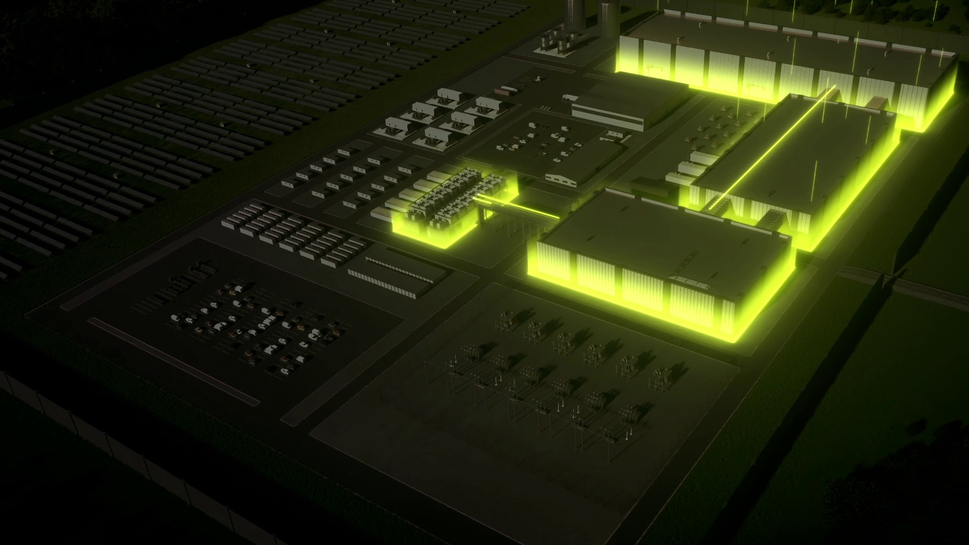 Rendering of a modern data center campus with illuminated server buildings Rendering of a modern data center campus with illuminated server buildings